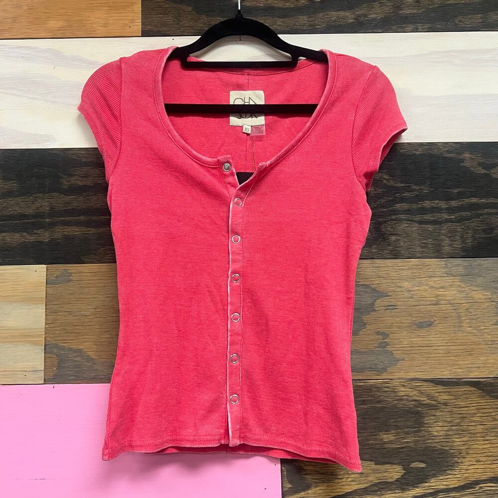 Chaser Short Sleeve Henley Top XS Pink Button Front Tee